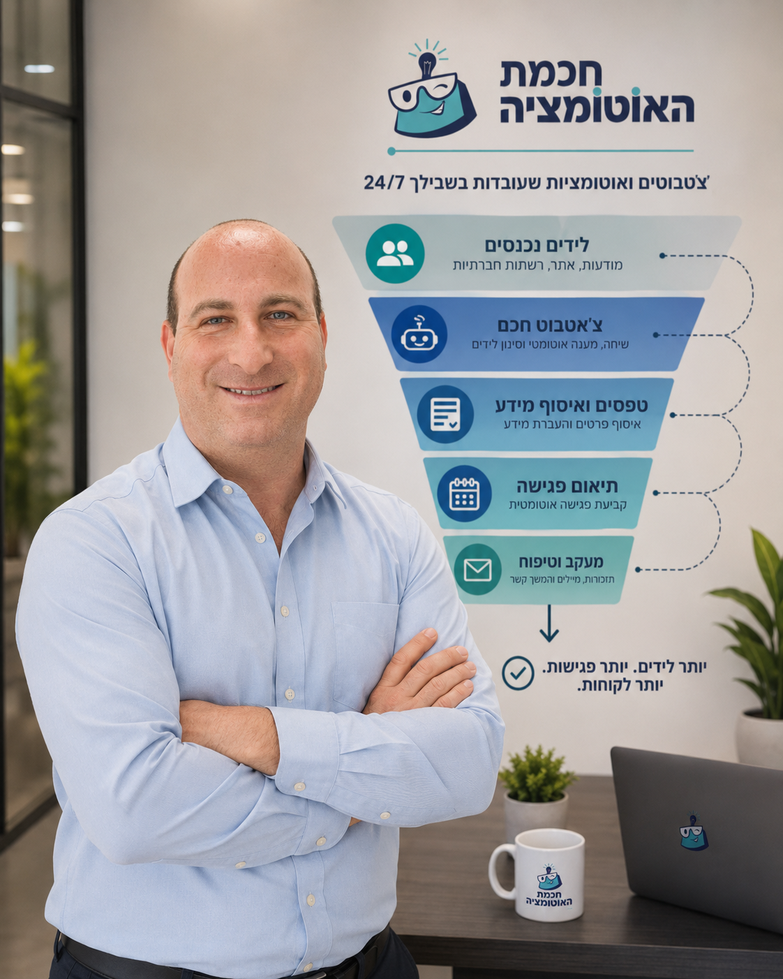 אריאל וייג ליד תרשים תהליך 5 שלבים: לידים נכנסים, צ'אטבוט חכם, איסוף מידע, תיאום פגישה, מעקב וטיפוח