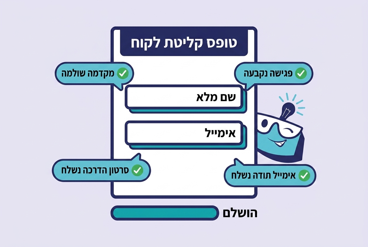 איור פלאט: טופס קליטת לקוחות מלא, בועות אישור: מקדמה, פגישה, סרטון, אימייל תודה